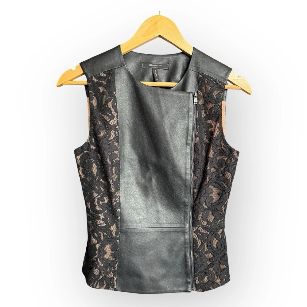 BCBGMAXAZRIA Black Faux Leather Vest Lace Accent Zip Moto XS Womens